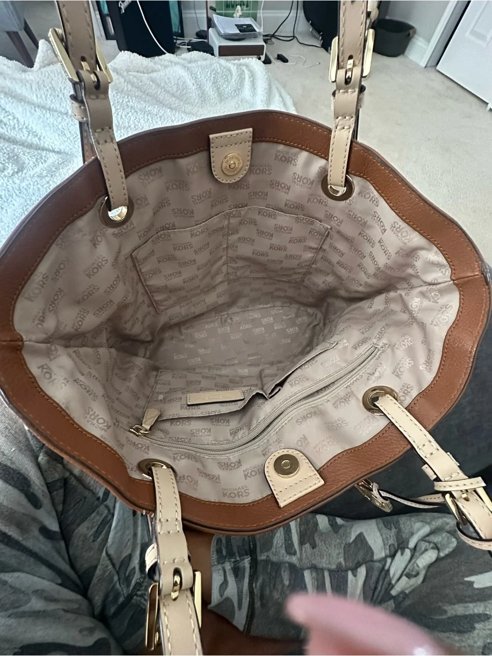Michael Kors Cognac Leather Tote with Cream Straps